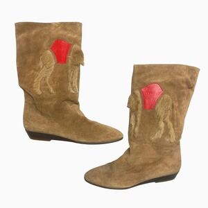 Vintage Andrea Pfister Suede Camel Boots Womens 8M Elephant Design Red Leather